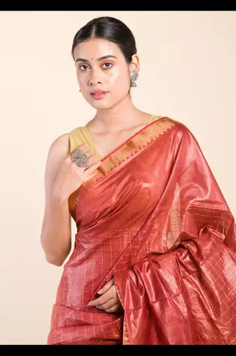 BROWN CHECKED ZARI SILK SAREE