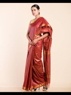 BROWN CHECKED ZARI SILK SAREE 3