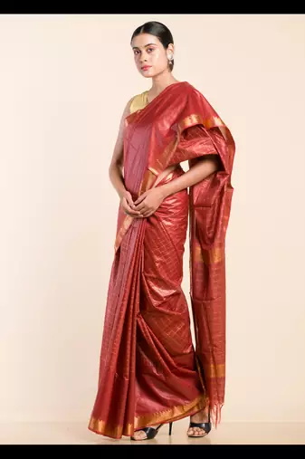 BROWN CHECKED ZARI SILK SAREE
