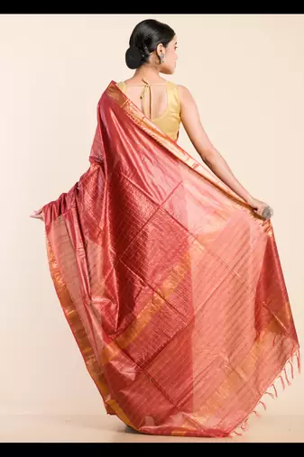 BROWN CHECKED ZARI SILK SAREE
