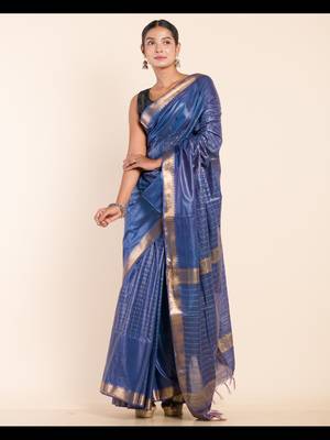 ROYAL BLUE CHECKED ZARI SILK SAREE 1