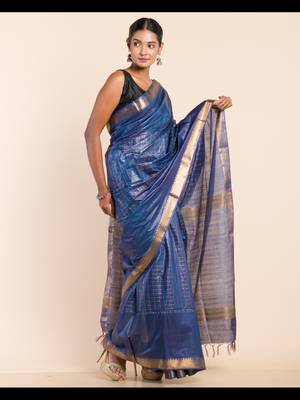 ROYAL BLUE CHECKED ZARI SILK SAREE 2