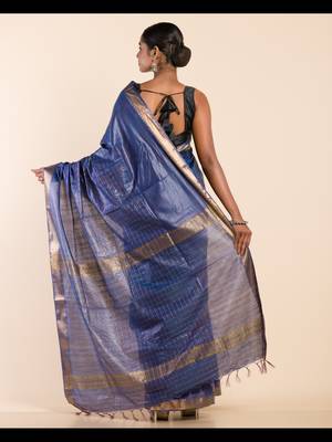 ROYAL BLUE CHECKED ZARI SILK SAREE 4