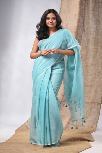 Sea Green Cotton Handwoven Soft Saree With Pompom Without Blouse