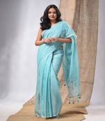Sea Green Cotton Handwoven Soft Saree With Pompom Without Blouse