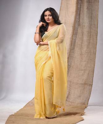 Yellow Cotton Handwoven Soft Saree With Pompom 1