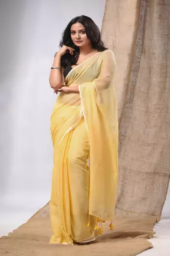 Yellow Cotton Handwoven Soft Saree With Pompom