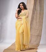 Yellow Cotton Handwoven Soft Saree With Pompom