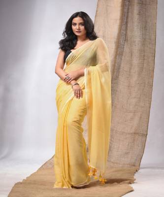 Yellow Cotton Handwoven Soft Saree With Pompom 2