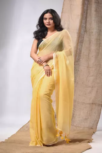Yellow Cotton Handwoven Soft Saree With Pompom