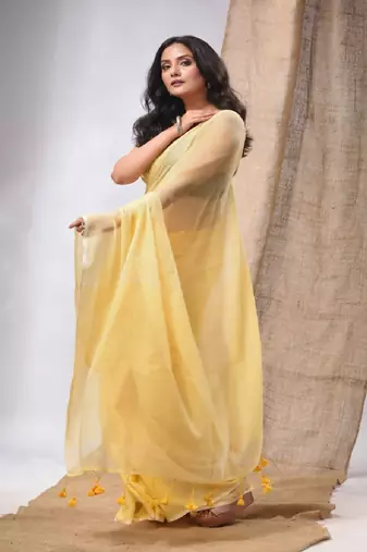 Yellow Cotton Handwoven Soft Saree With Pompom