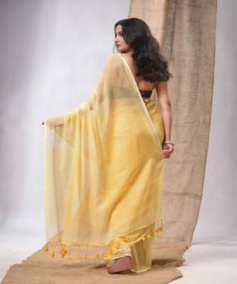 Yellow Cotton Handwoven Soft Saree With Pompom 4