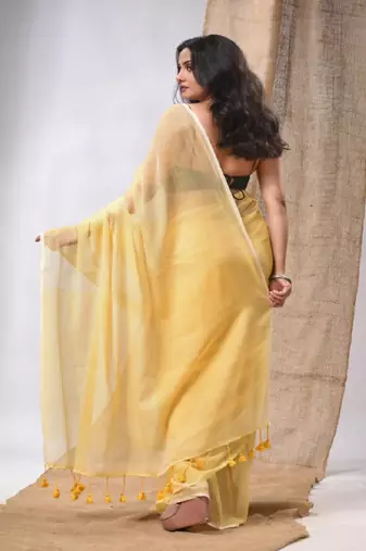 Yellow Cotton Handwoven Soft Saree With Pompom