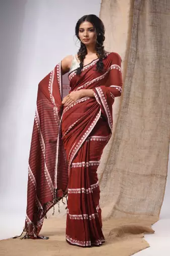 Dark Red Cotton Handwoven Saree With Stripes Pallu