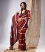 Dark Red Cotton Handwoven Saree With Stripes Pallu