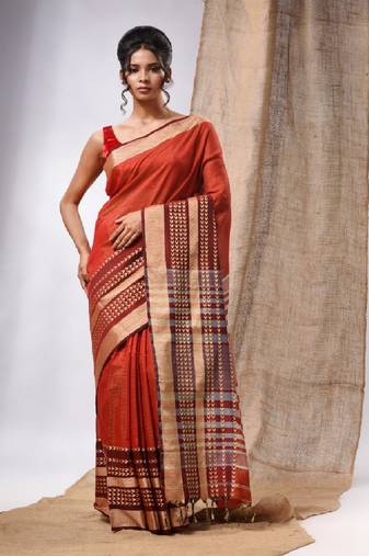 Red Cotton Silk Handwoven Saree With Texture Borders