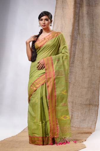 Pistachio Green Cotton Silk Handwoven Soft Saree With Sequins Work