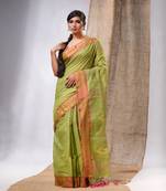 Pistachio Green Cotton Silk Handwoven Soft Saree With Sequins Work
