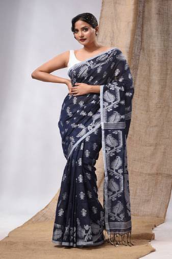 Blue Cotton Handwoven Saree With Woven Jamdani Borders