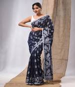 Blue Cotton Handwoven Saree With Woven Jamdani Borders