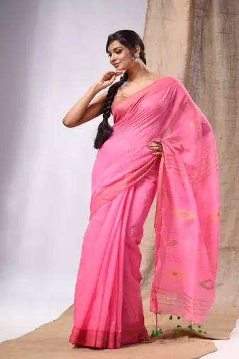 Pink Cotton Silk Handwoven Soft Saree With Sequins Work