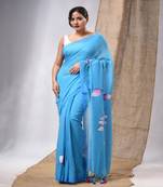 Sky Blue Cotton Handwoven Soft Saree With Lotus Print