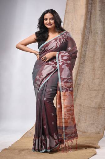 Teal Cotton Handspun Saree With Woven Jamdani Borders