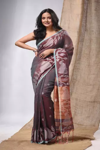 Teal Cotton Handspun Saree With Woven Jamdani Borders
