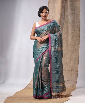 Teal Coloured Handwoven Tissue Saree With Woven Design 1