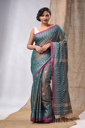 Teal Coloured Handwoven Tissue Saree With Woven Design