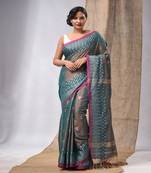 Teal Coloured Handwoven Tissue Saree With Woven Design