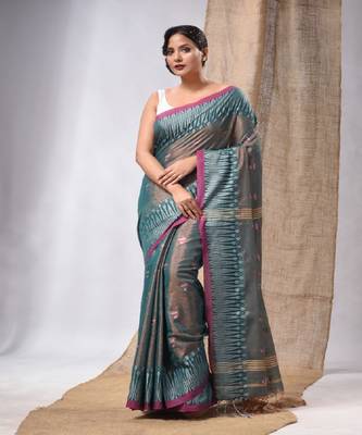 Teal Coloured Handwoven Tissue Saree With Woven Design 2