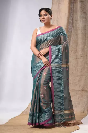 Teal Coloured Handwoven Tissue Saree With Woven Design
