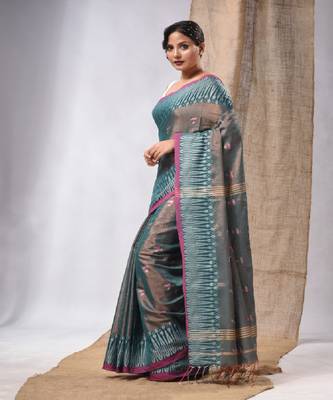 Teal Coloured Handwoven Tissue Saree With Woven Design 3