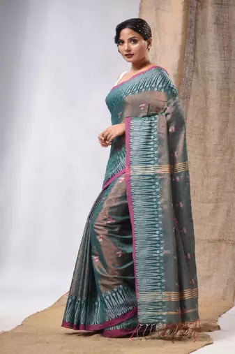 Teal Coloured Handwoven Tissue Saree With Woven Design