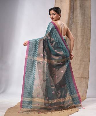 Teal Coloured Handwoven Tissue Saree With Woven Design 4