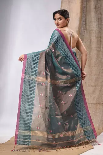 Teal Coloured Handwoven Tissue Saree With Woven Design