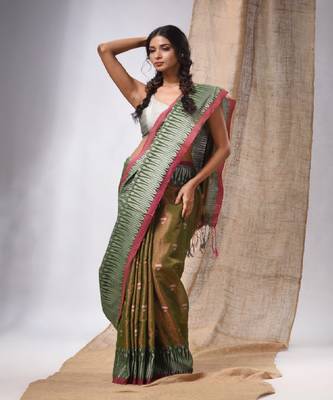 Moss Green Coloured Handwoven Tissue Saree With Woven Design 1