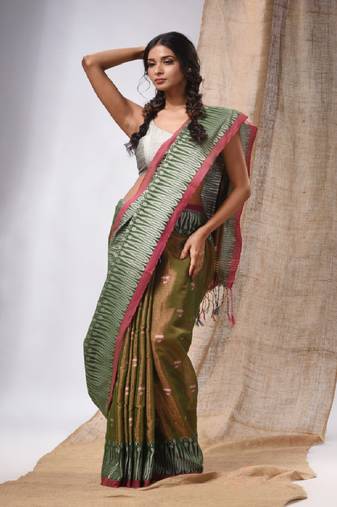 Moss Green Coloured Handwoven Tissue Saree With Woven Design