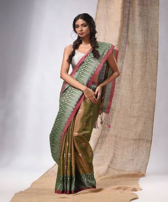 Moss Green Coloured Handwoven Tissue Saree With Woven Design 2