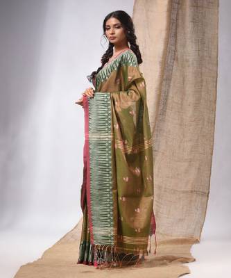 Moss Green Coloured Handwoven Tissue Saree With Woven Design 3