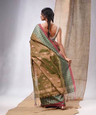 Moss Green Coloured Handwoven Tissue Saree With Woven Design 4