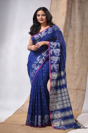 Navy Blue Cotton Handwoven Soft Saree With  Zari Woven Floral Border