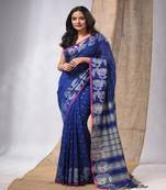 Navy Blue Cotton Handwoven Soft Saree With  Zari Woven Floral Border