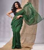 Green Cotton Handwoven Soft Saree With Pompom