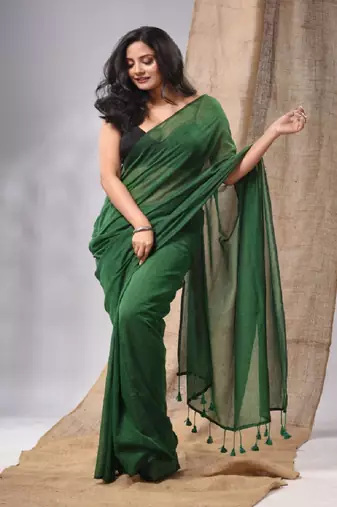 Green Cotton Handwoven Soft Saree With Pompom