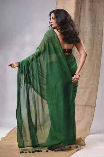 Green Cotton Handwoven Soft Saree With Pompom