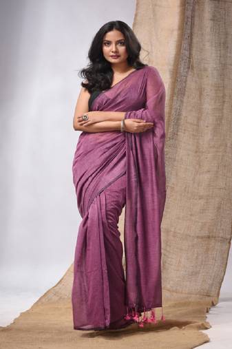 Purple Cotton Handwoven Soft Saree With Pompom