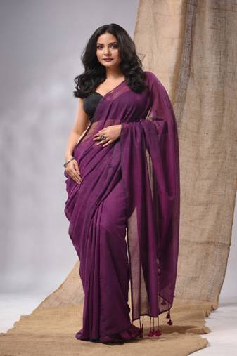 Purple Cotton Handwoven Soft Saree With Pompom