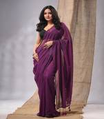 Purple Cotton Handwoven Soft Saree With Pompom